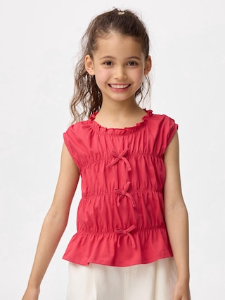 GIRLSフロントリボンシャーリングT(ノースリーブ) 【KIDS・TEEN】 【キッズ Tシャツ・スウェット・ニット】【GU公式/ジーユー】 【RED】 GIRLSフロントリボンシャーリングT(ノースリーブ) 【KIDS・TEEN】 【キッズ Tシャツ・スウェット・ニット】【GU公式/ジーユー】 【RED】