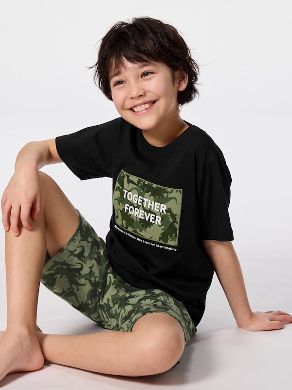 KIDS(男女兼用)コットンラウンジセット(半袖&ショートパンツ)(ダイナソー)