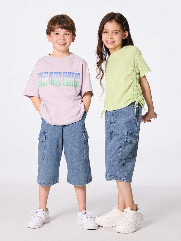 KIDS(男女兼用)デニムワイドカーゴクロップドパンツ+E