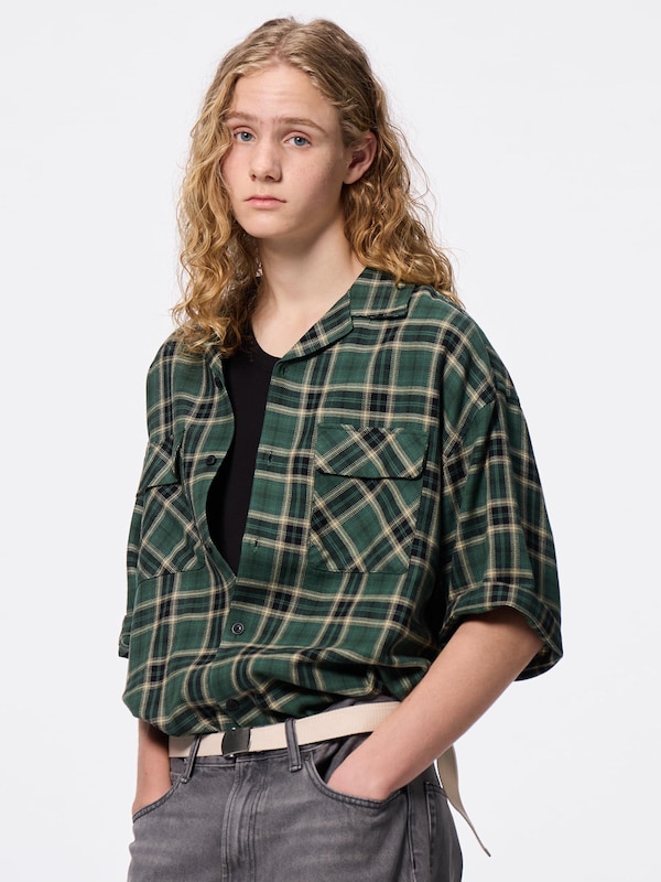 オープンカラーボクシーチェックシャツ(5分袖)