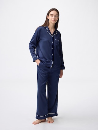 サテンパジャマ(長袖&ロングパンツ) 【レディース】 【ルームウェア・パジャマ】【GU公式/ジーユー】 【NAVY】 サテンパジャマ(長袖&ロングパンツ) 【レディース】 【ルームウェア・パジャマ】【GU公式/ジーユー】 【NAVY】
