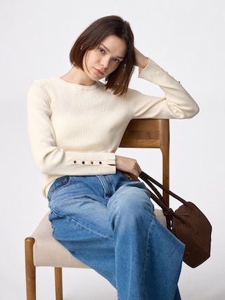 リブニットボタンスリーブプルオーバーZ 【レディース】 【ニット・カーディガン】【GU公式/ジーユー】 【OFF WHITE】