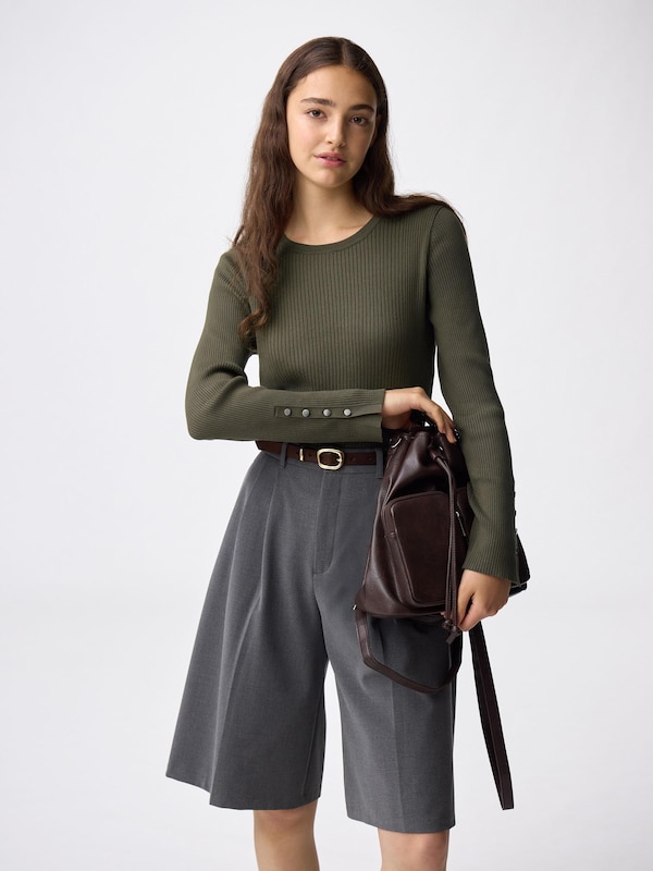 リブニットボタンスリーブプルオーバーZ