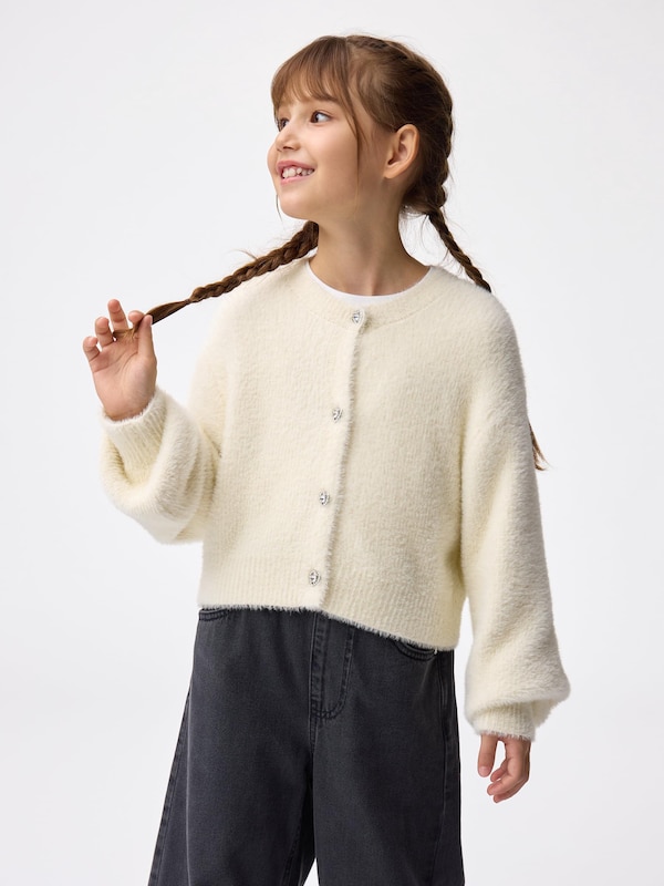 GIRLSシャギーニットハートビジューボタンカーディガン