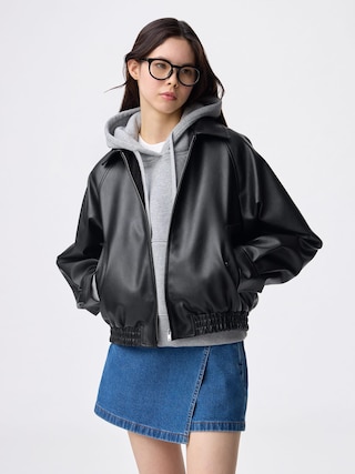 フェイクレザーハリントンジャケット 【レディース】 【アウター】【GU公式/ジーユー】 【BLACK】 フェイクレザーハリントンジャケット 【レディース】 【アウター】【GU公式/ジーユー】 【BLACK】