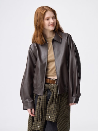 フェイクレザーハリントンジャケット 【レディース】 【アウター】【GU公式/ジーユー】 【DARK BROWN】 フェイクレザーハリントンジャケット 【レディース】 【アウター】【GU公式/ジーユー】 【DARK BROWN】