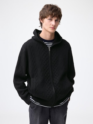 ケーブルフルジップパーカNT+E 【メンズ】 【ニット・カーディガン】【GU公式/ジーユー】 【BLACK】