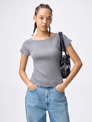 リブニットボートネックプルオーバー(半袖) 【レディース】 【ニット・カーディガン】【GU公式/ジーユー】 【GRAY】 リブニットボートネックプルオーバー(半袖) 【レディース】 【ニット・カーディガン】【GU公式/ジーユー】 【GRAY】