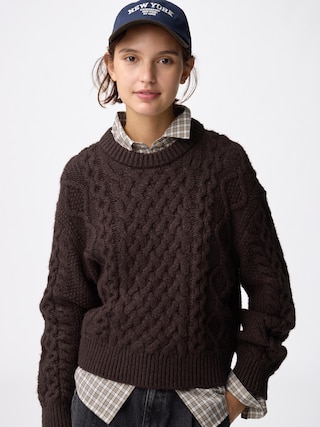 ケーブルクルーネックニットプルオーバー 【レディース】 【ニット・カーディガン】【GU公式/ジーユー】 【DARK BROWN】 ケーブルクルーネックニットプルオーバー 【レディース】 【ニット・カーディガン】【GU公式/ジーユー】 【DARK BROWN】