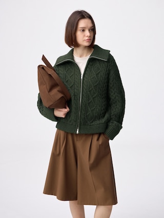 ケーブルニットブルゾン 【レディース】 【アウター】【GU公式/ジーユー】 【OLIVE】