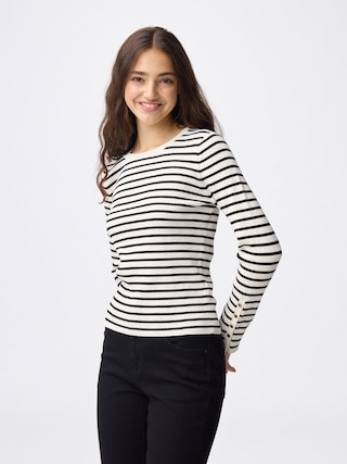 リブニットボーダーボタンスリーブプルオーバーZ 【レディース】 【ニット・カーディガン】【GU公式/ジーユー】 【OFF WHITE】