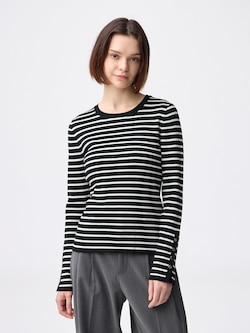 リブニットボーダーボタンスリーブプルオーバーZ