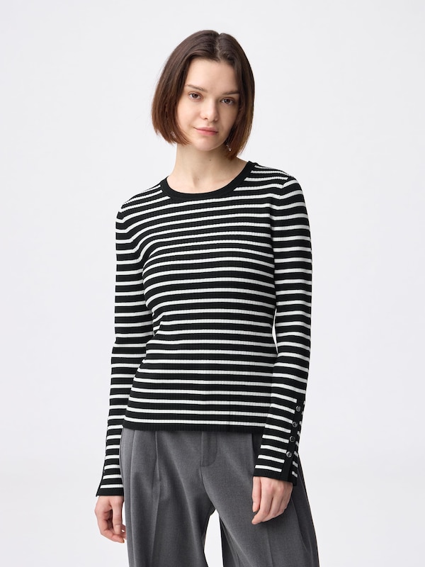 リブニットボーダーボタンスリーブプルオーバーZ