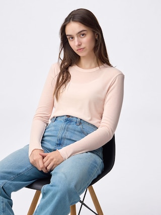 ソフトシアークルーネックT(長袖) 【レディース】 【Tシャツ・カットソー・ブラフィール】【GU公式/ジーユー】 【PINK】