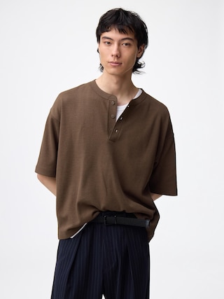 ボクシーヘンリーネックT(5分袖) 【メンズ】 【Tシャツ・スウェット】【GU公式/ジーユー】 【BROWN】 ボクシーヘンリーネックT(5分袖) 【メンズ】 【Tシャツ・スウェット】【GU公式/ジーユー】 【BROWN】