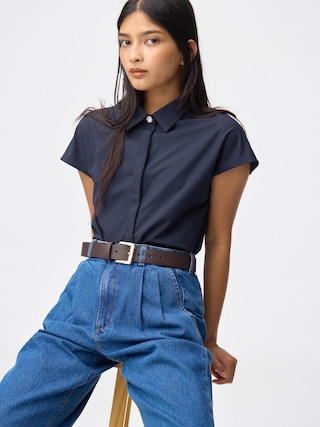 ビジューボタンブラウス(半袖)Z 【レディース】 【シャツ・ブラウス】【GU公式/ジーユー】 【NAVY】 ビジューボタンブラウス(半袖)Z 【レディース】 【シャツ・ブラウス】【GU公式/ジーユー】 【NAVY】