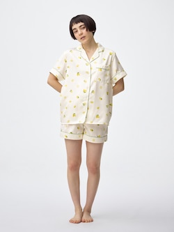 サテンパジャマ(半袖&ショートパンツ)(レモン)