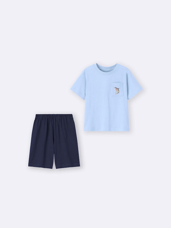 KIDS(男女兼用)コットンラウンジセット(半袖&ショートパンツ)(シャーク)