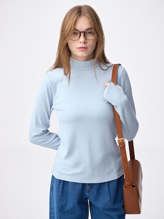 ウォームスムースモックネックT(12分袖) 【レディース】 【Tシャツ・カットソー・ブラフィール】【GU公式/ジーユー】 【LIGHT BLUE】