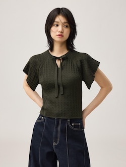 ケーブルニットリボンプルオーバー(半袖) by rokh