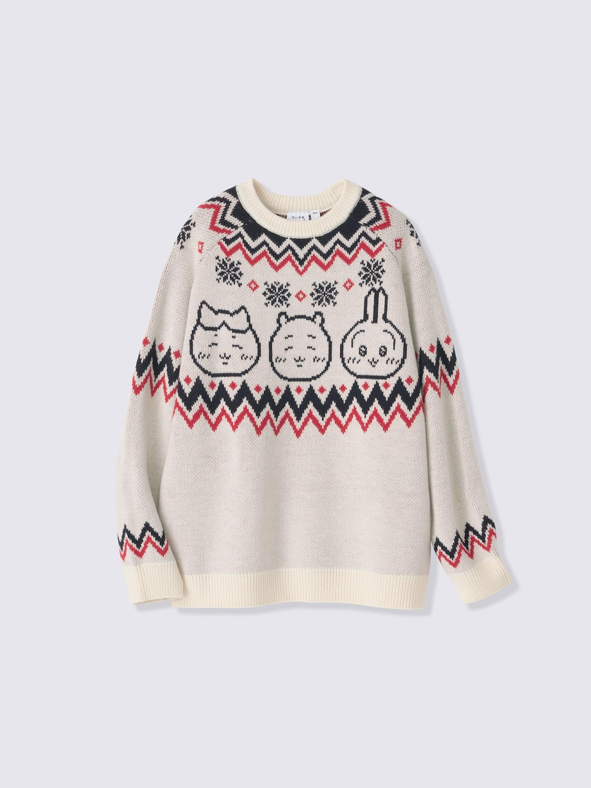 GU ノルディックセーター CHIIKAWA（ナチュラル）の公式商品画像。雪の結晶とジグザグ模様の中にハチワレ・ちいかわ・うさぎの顔が編み込まれている