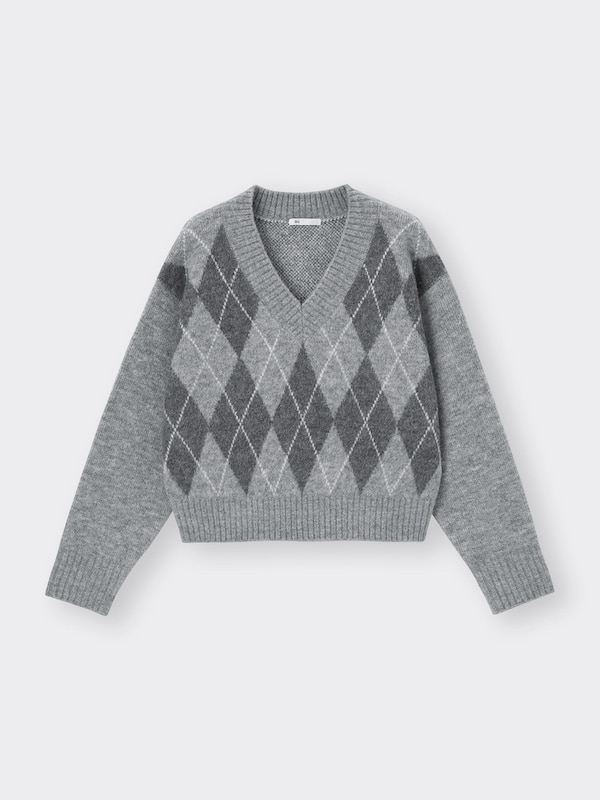 Puffy Touch Argyle V Neck Short Sweater