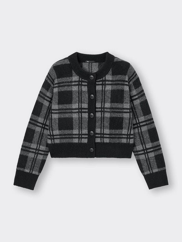 Puffy Touch Checked Crew Short Cardigan