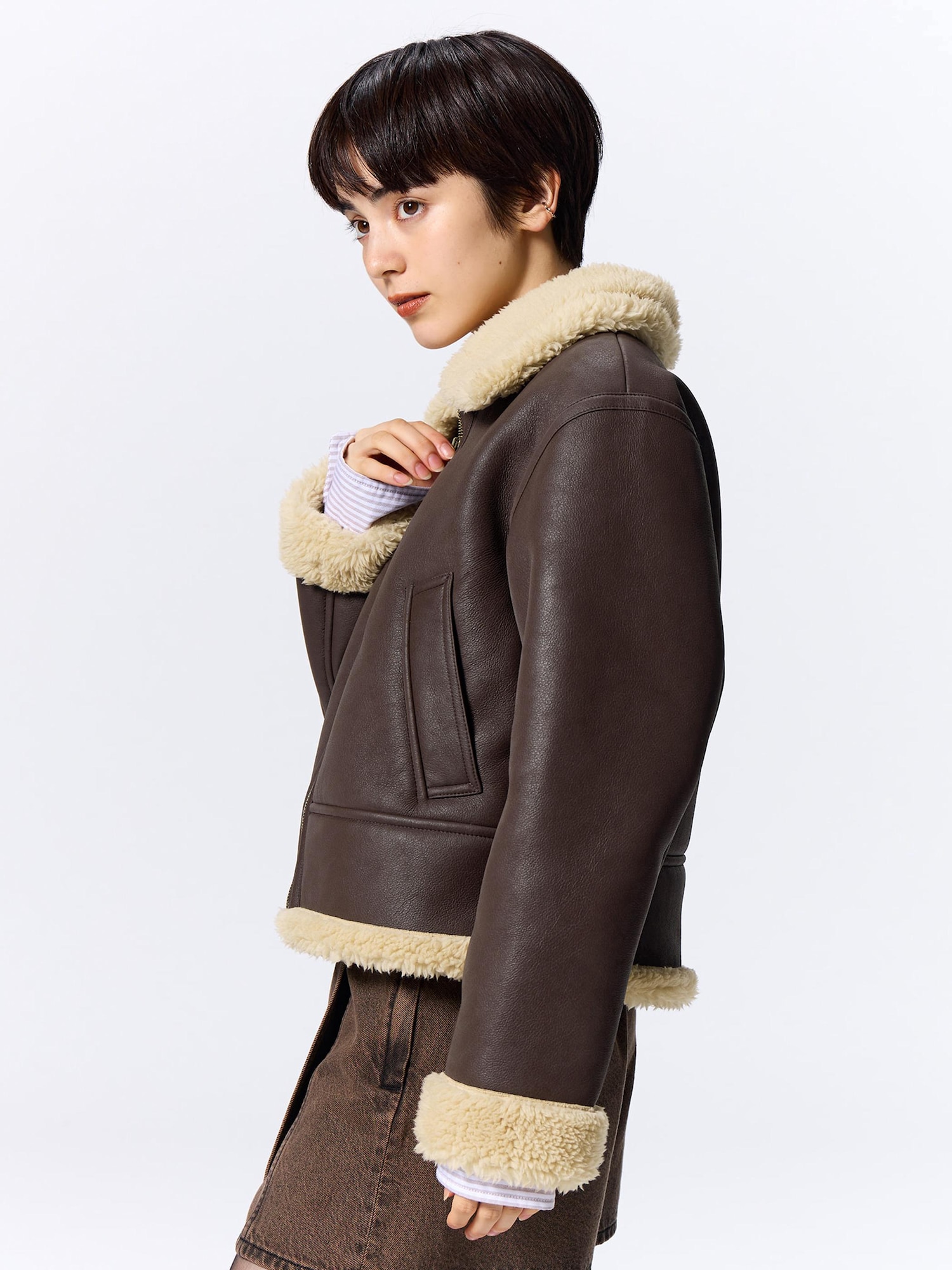 ジャケット・アウター 193 Igusa Rabbit faux fur jacket (brown) LRYBSA Shaggy Faux Fur Long Sleeve Mid-Length Jacket Brown