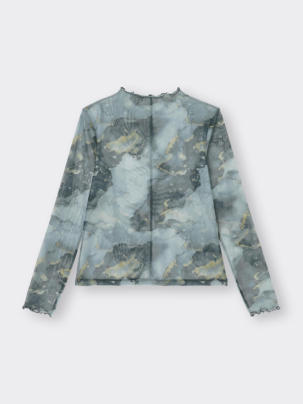 Sheer Printed Mockneck T-Shirt Long