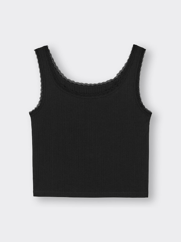 Cotton Blend Ribbed Cropped Lace Tank Top Dry