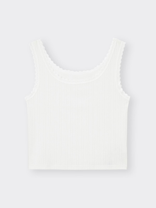 Cotton Blend Ribbed Cropped Lace Tank Top Dry