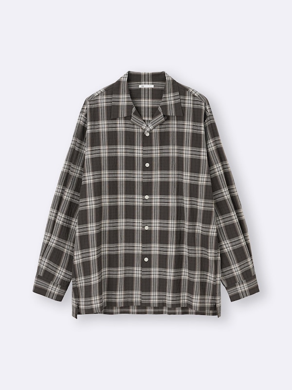 Textured Open Collar Checked Shirt