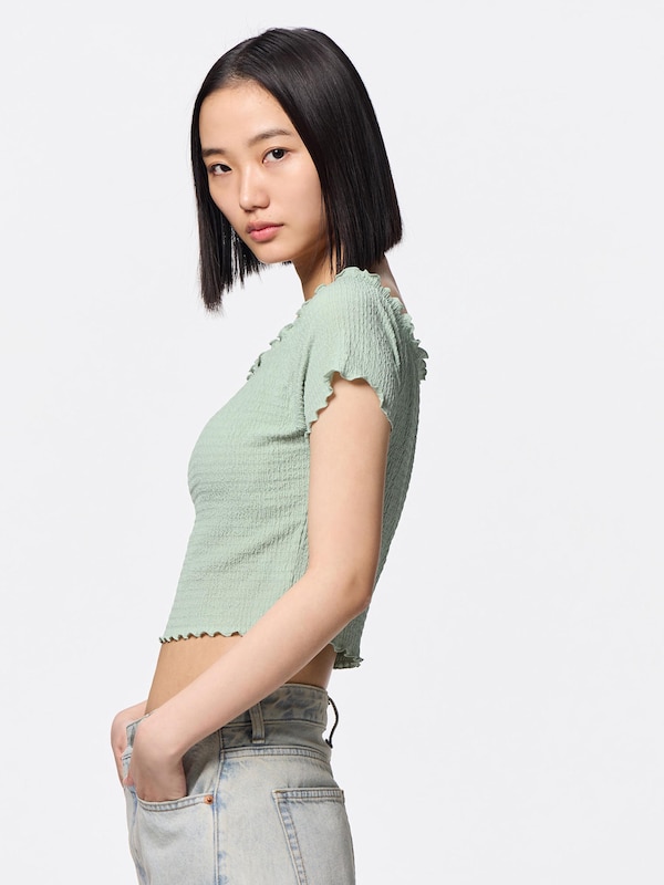 Bra-Feel Cropped Off The Shoulder Shirring T-Shirt