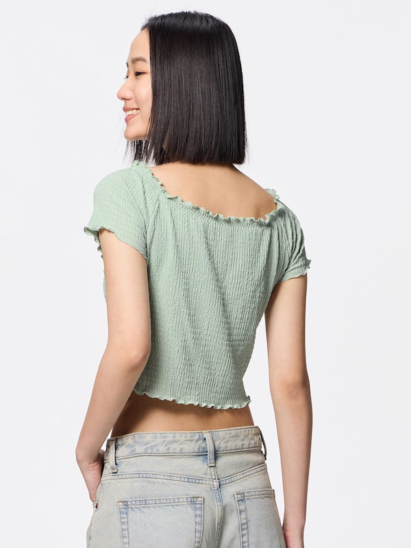 Bra-Feel Cropped Off The Shoulder Shirring T-Shirt