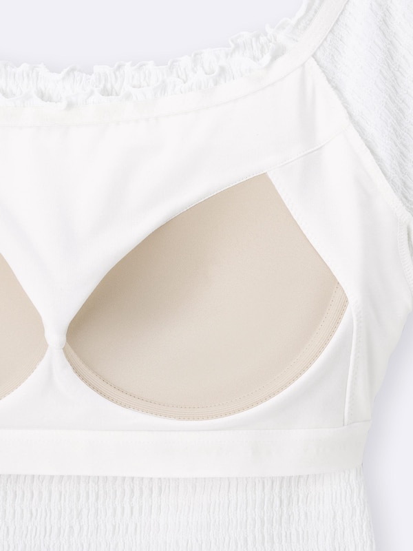 Bra-Feel Cropped Off The Shoulder Shirring T-Shirt