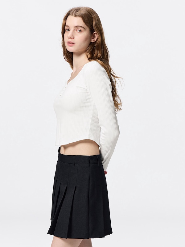 Cotton Blend Ribbed Cropped Henley T-Shirt