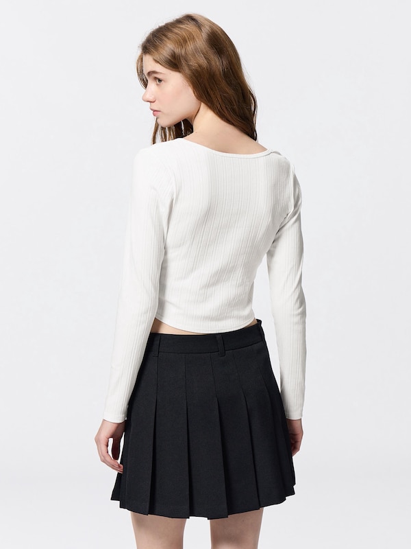 Cotton Blend Ribbed Cropped Henley T-Shirt