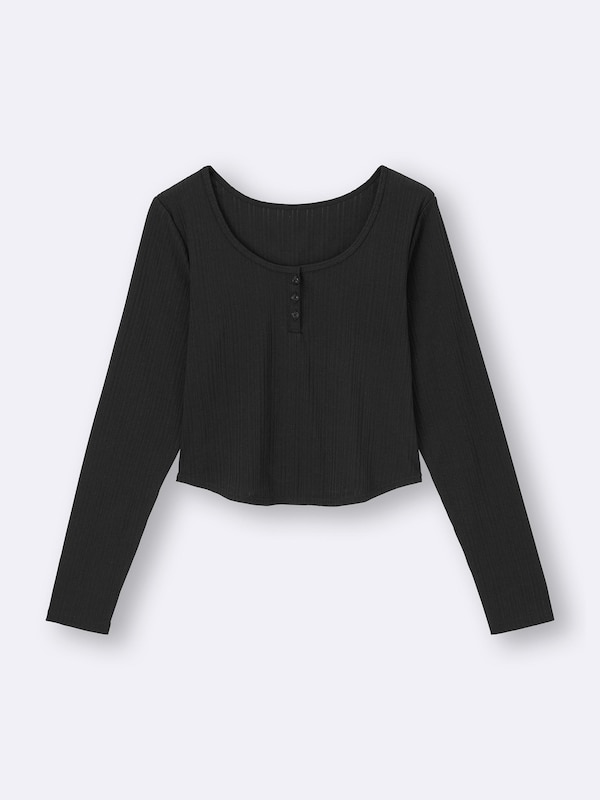 Cotton Blend Ribbed Cropped Henley T-Shirt