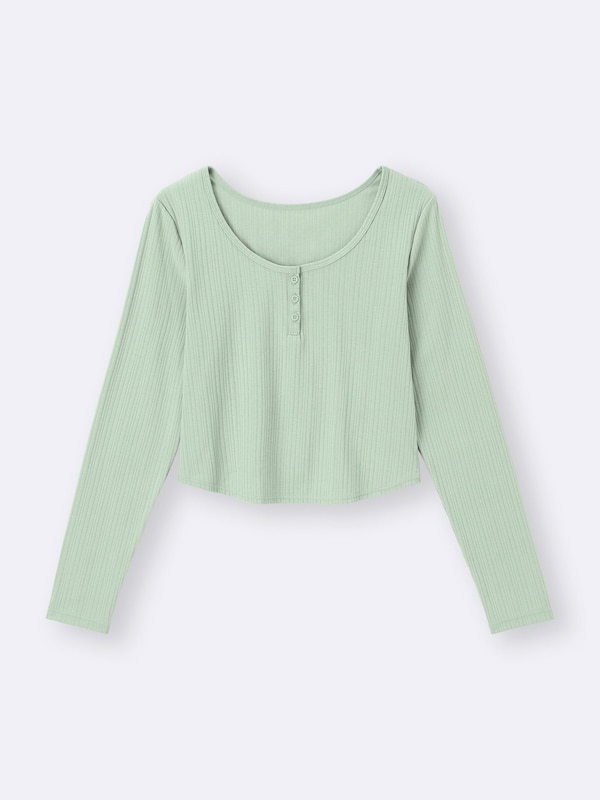 Cotton Blend Ribbed Cropped Henley T-Shirt