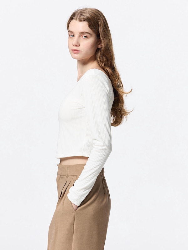 Cotton Blend Ribbed Cropped Wide Neck T-Shirt