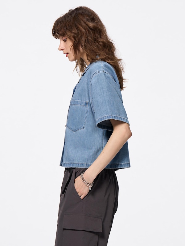 Light Denim Open Collar Shirt | Short