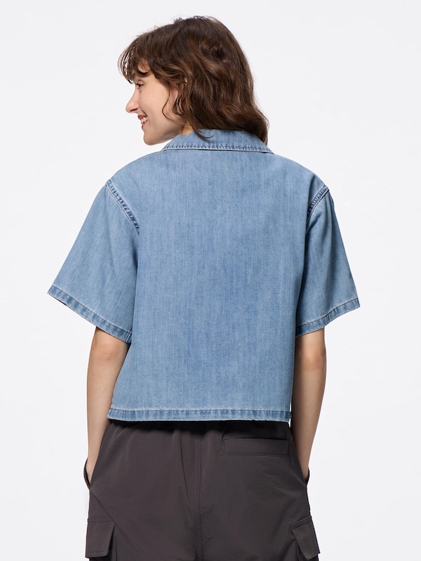 Light Denim Open Collar Shirt | Short