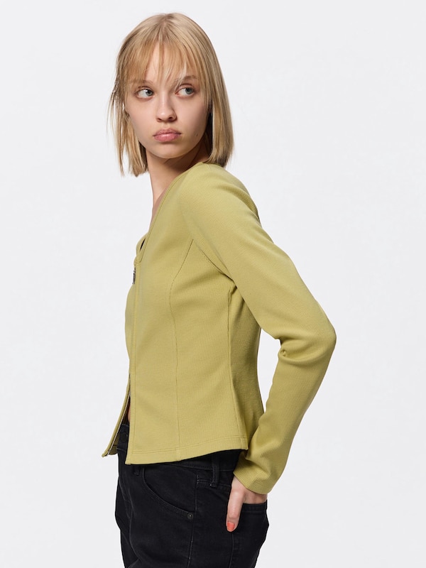 Ribbed Double Zip V Neck Cardigan