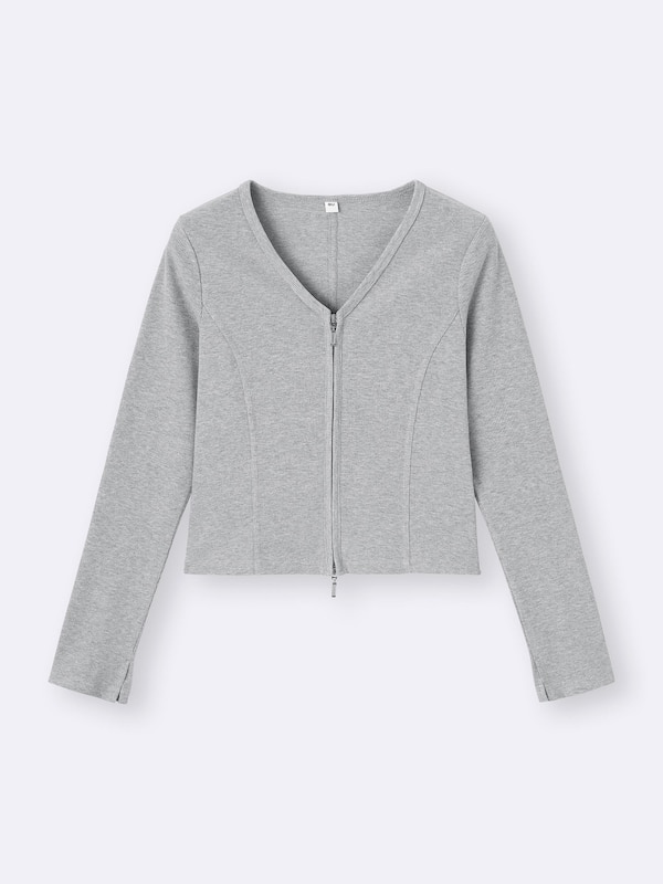 Ribbed Double Zip V Neck Cardigan