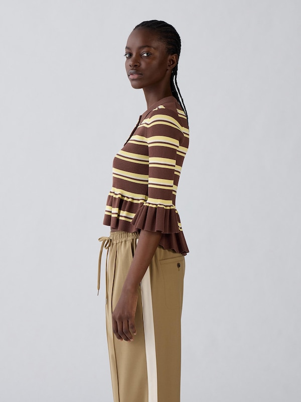 Striped Ribbed Polo Sweater | 3/4Sleeve | by rokh