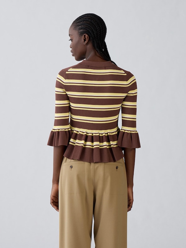 Striped Ribbed Polo Sweater | 3/4Sleeve | by rokh