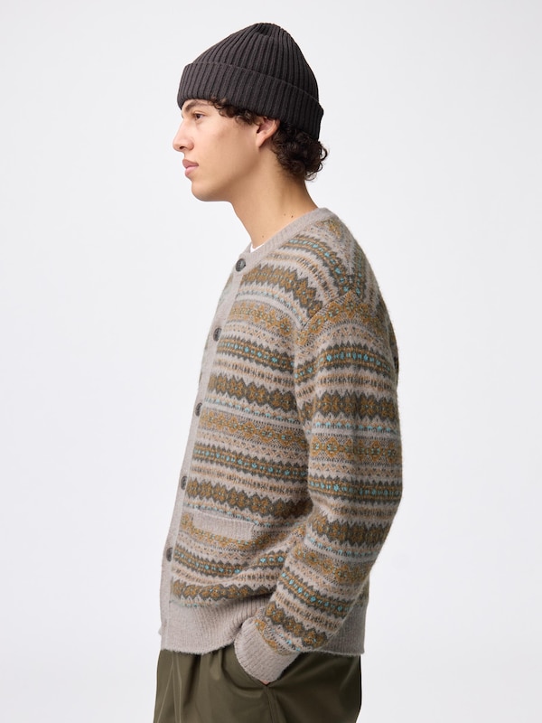 Puff Knit Fair Isle Crew Neck Cardigan