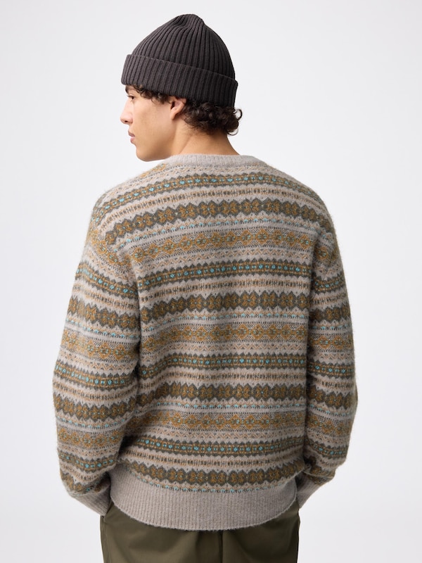Puff Knit Fair Isle Crew Neck Cardigan