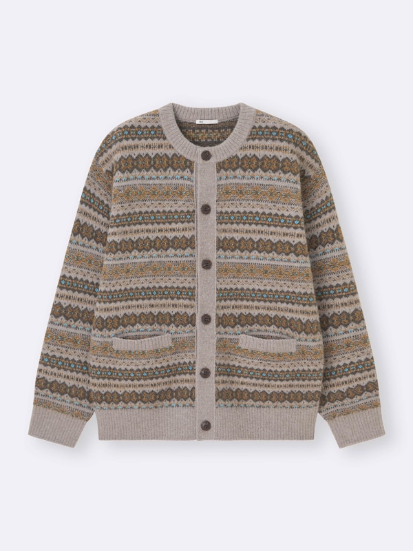 Puff Knit Fair Isle Crew Neck Cardigan