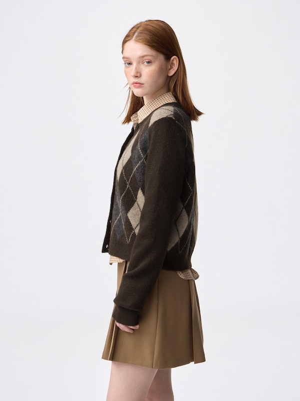 Puff Knit Argyle Crew Neck Cardigan